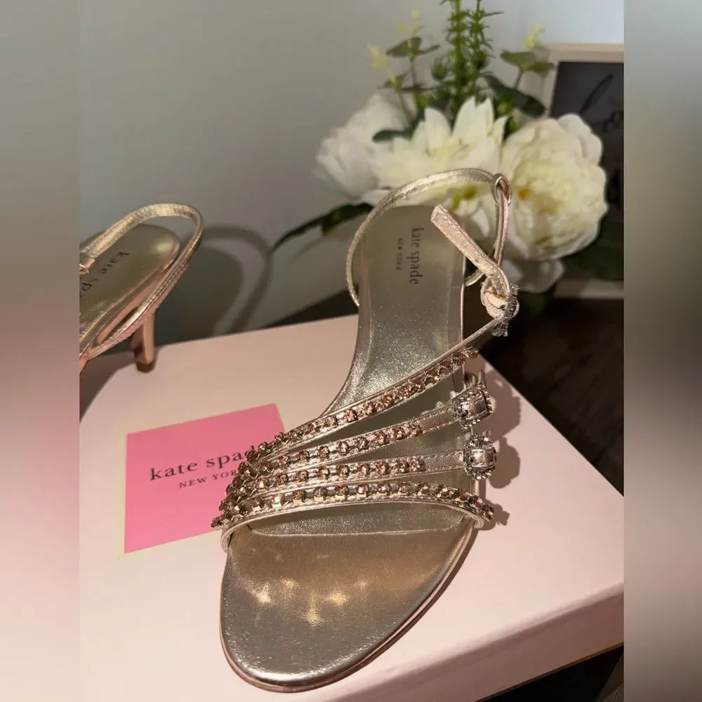 Kate Spade Makenna Rose Gold Crystal Strappy Heels 7M – Evening / Wedding